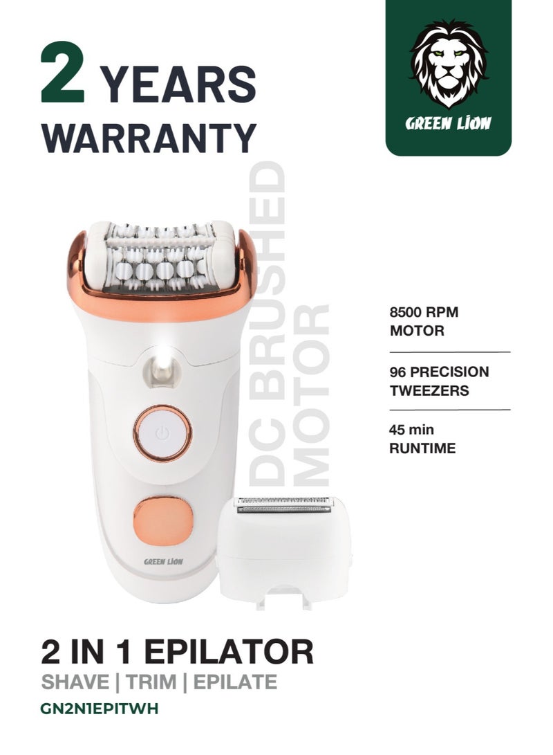 GREEN LION 2 in 1 Epilator Shave and Trimmer , Epilate with Stainless Steel Blade & 8500 RPM Motor / 45 Min Runtime / Type-C Charging / Ergonomic Design / Digital Display / Cleaning Reminder / DC Brushed Motor - White - Image 1
