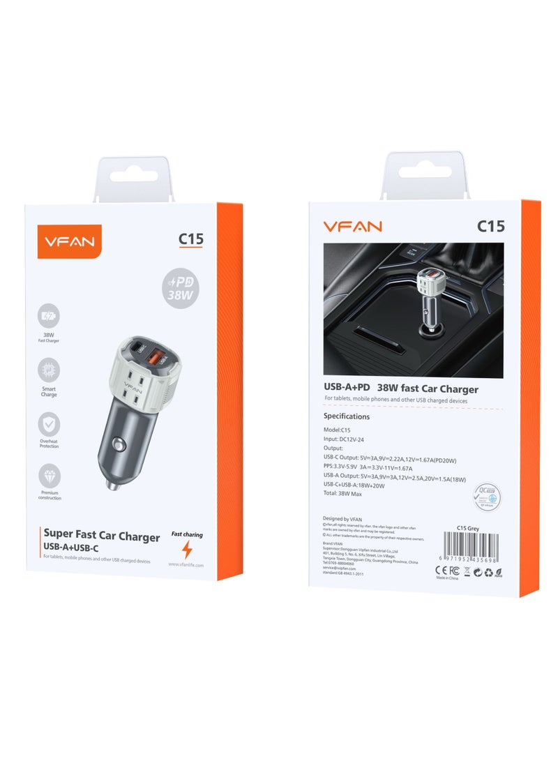 VFAN 38W Fast Car Charger with Type C to Lighning Cable C15-Grey - Image 2