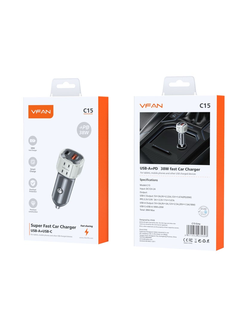 VFAN 38W Fast Car Charger with Type C to Lighning Cable C15-Grey - Image 1