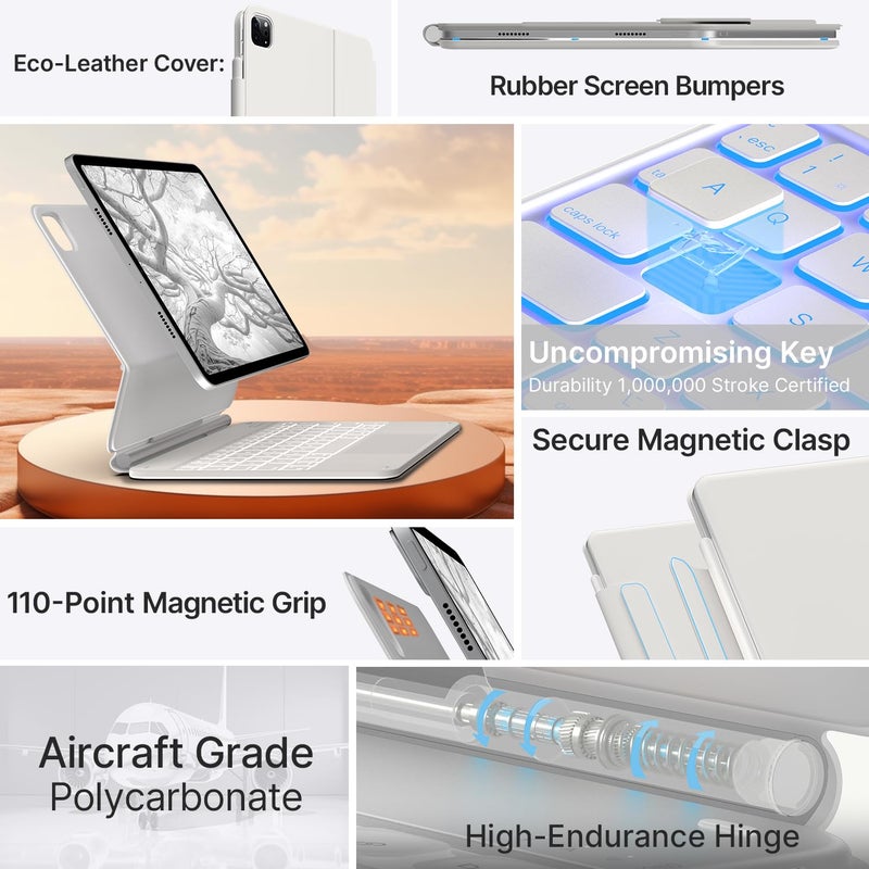typecase Edge Keyboard for iPad Air 11 (M3/M2), Air 5th/4th & Pro 11 (4th/3rd/2nd/1st), 11-Colors Backlit, Magic Floating Cantilever, Precision Multi-Touch Trackpad-White'25 (Not fit A16/10th/ 11-M4) - Image 5