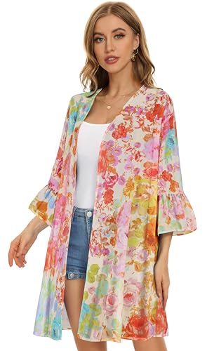 CHICGAL Womens Kimono for Summer Puff Sleeve Cardigan Casual Loose Fit Beach Cover Ups Resorts Swimwear 2026 (Colorful Flowers,L) - Image 4