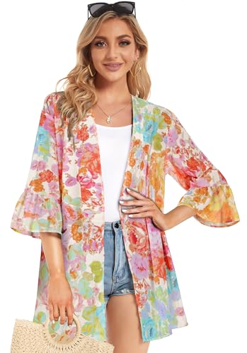 CHICGAL Womens Kimono for Summer Puff Sleeve Cardigan Casual Loose Fit Beach Cover Ups Resorts Swimwear 2026 (Colorful Flowers,L) - Image 2