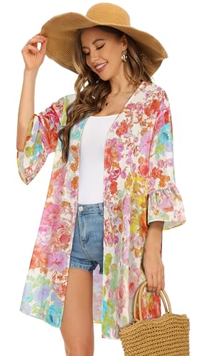 CHICGAL Womens Kimono for Summer Puff Sleeve Cardigan Casual Loose Fit Beach Cover Ups Resorts Swimwear 2026 (Colorful Flowers,L) - Image 3