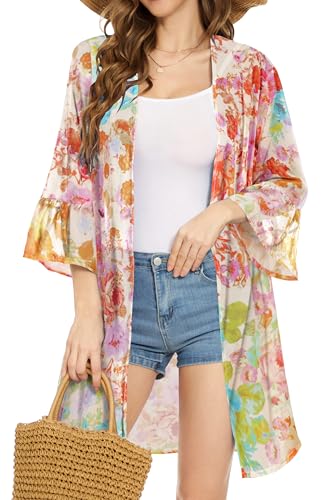 CHICGAL Womens Kimono for Summer Puff Sleeve Cardigan Casual Loose Fit Beach Cover Ups Resorts Swimwear 2026 (Colorful Flowers,L) - Image 1