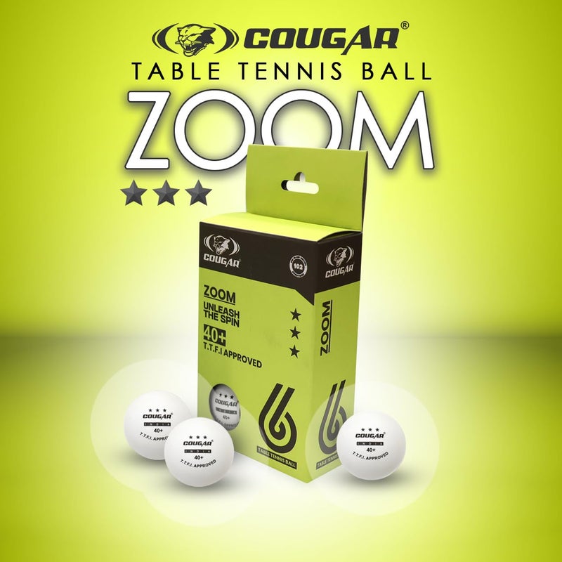 Cougar Zoom 3-Star Table Tennis Balls – Set of 6 | White | Premium Plastic Balls for Advanced Practice & Tournament Training - Image 3