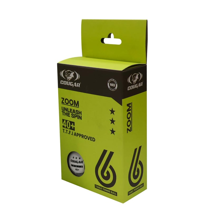 Cougar Zoom 3-Star Table Tennis Balls – Set of 6 | White | Premium Plastic Balls for Advanced Practice & Tournament Training - Image 1