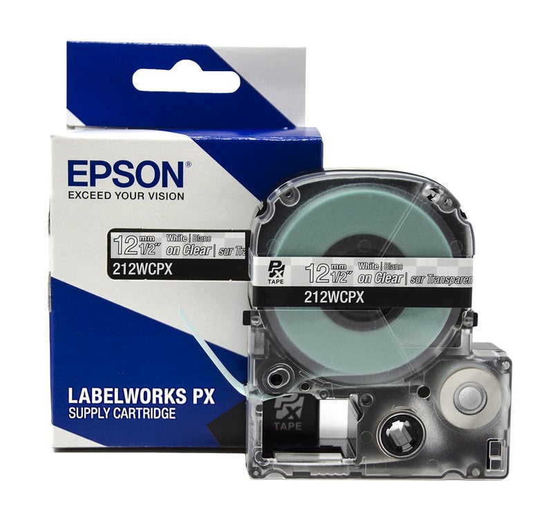 LABELWORKS Epson 212WCPX Genuine PET (Polyester) Tape Cartridge - White on Clear Label Maker Tape - 1/2" (12MM) Wide, 30' - Image 1