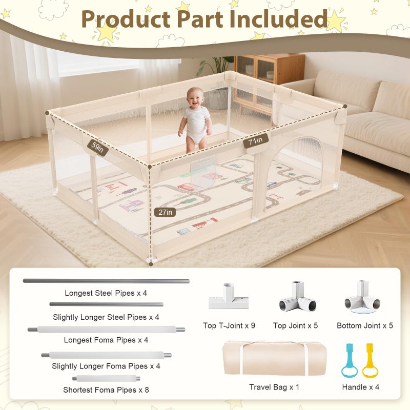 Abdtech 71 x 59 Baby Play Pen with Mat - Indoor & Outdoor Playpen for Babies and Toddlers - Extra Large Play Yards with Soft Foam & Sturdy Bottom Suction Cups - Toddler Baby Play Yard with Gate(Apricot) - Image 2