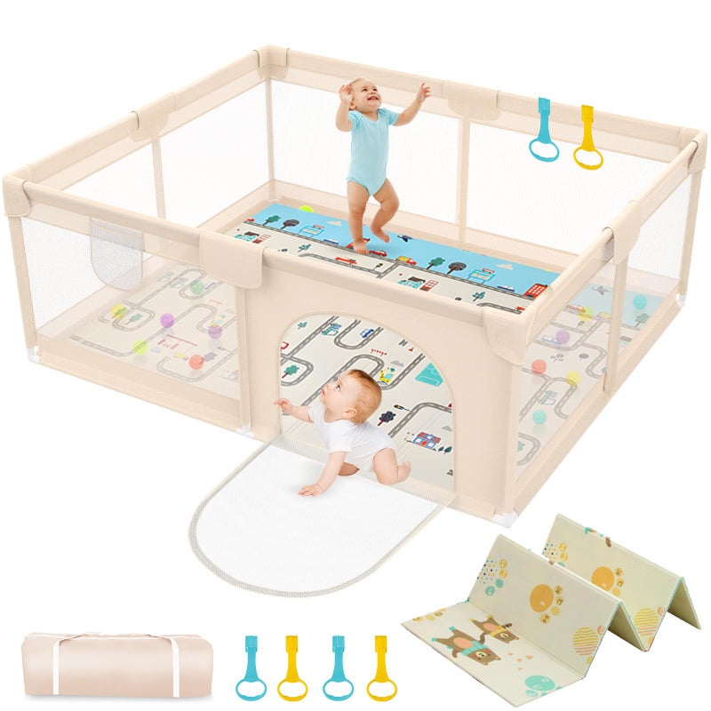 Abdtech 71 x 59 Baby Play Pen with Mat - Indoor & Outdoor Playpen for Babies and Toddlers - Extra Large Play Yards with Soft Foam & Sturdy Bottom Suction Cups - Toddler Baby Play Yard with Gate(Apricot) - Image 1