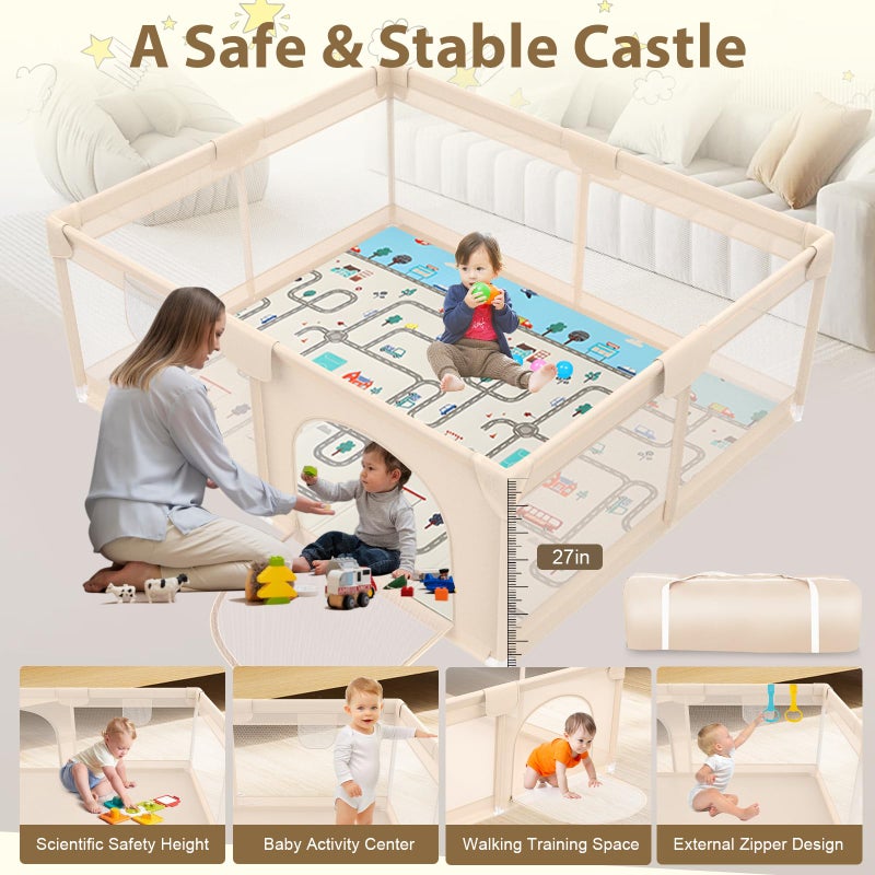 Abdtech 71 x 59 Baby Play Pen with Mat - Indoor & Outdoor Playpen for Babies and Toddlers - Extra Large Play Yards with Soft Foam & Sturdy Bottom Suction Cups - Toddler Baby Play Yard with Gate(Apricot) - Image 4