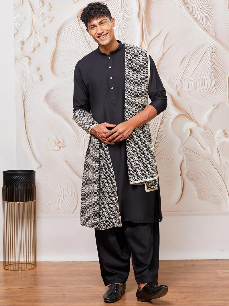 VASTRAMAY Men’s Embroidered Sequined Dupatta with Lace Detailing – Festive & Wedding Attire (VASMD633BL_F) - Image 2