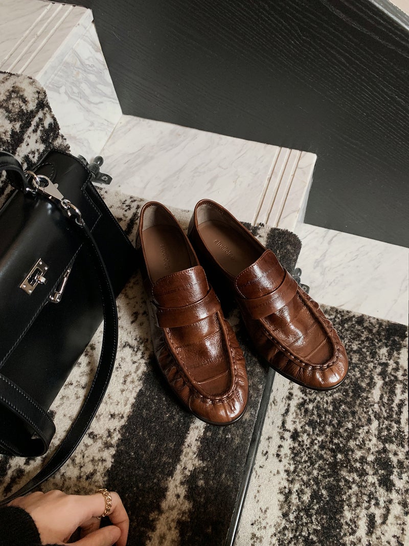 Cowhide ~ Grape Mom'S Same Style Genuine Leather Retro Pleated Loafers For Women With Thick Heels And Lazy Flats Shoes - Image 1