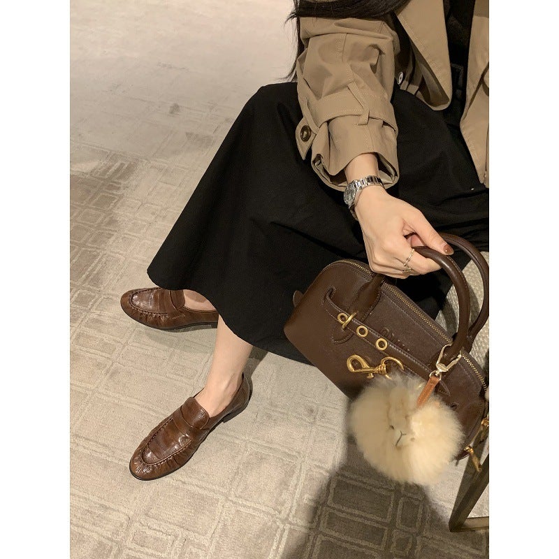 Cowhide ~ Grape Mom'S Same Style Genuine Leather Retro Pleated Loafers For Women With Thick Heels And Lazy Flats Shoes - Image 5
