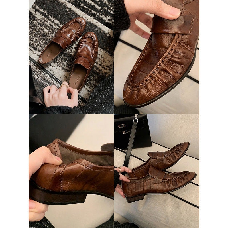 Cowhide ~ Grape Mom'S Same Style Genuine Leather Retro Pleated Loafers For Women With Thick Heels And Lazy Flats Shoes - Image 4