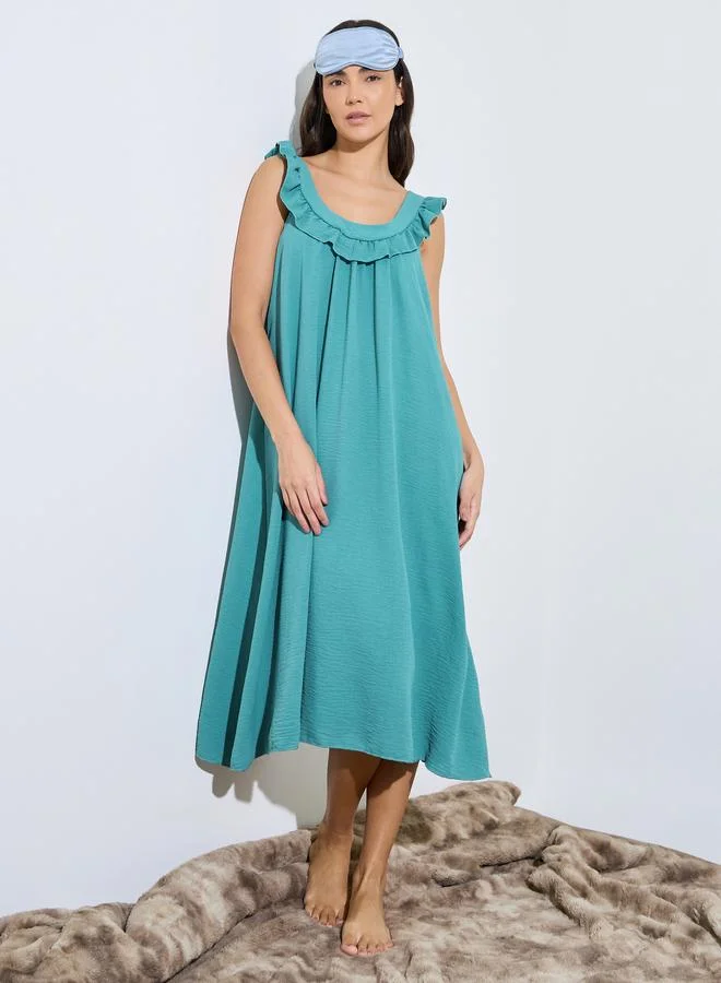 Styli Green V-Low Back Tie Ruffle Detail Slip Dress