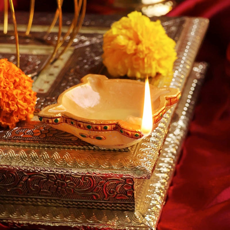 9Dzine 9Dzine Yellow Aventurine Diya for Home Dcor Showpieces 4 Face Oil Lamp Crystal Stone Diya for Diwali Puja Room Temple Rangoli Festival Decoration - Image 2