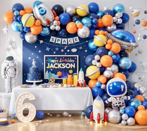 Beaumode DIY Outer Space Balloon Garland Arch Kit 148pcs for Outspace Baby Shower Two the Moon Birthday UFO Astronaut Themed Planet Rocket Party Decoration Blue Orange Silver 01 - Image 1
