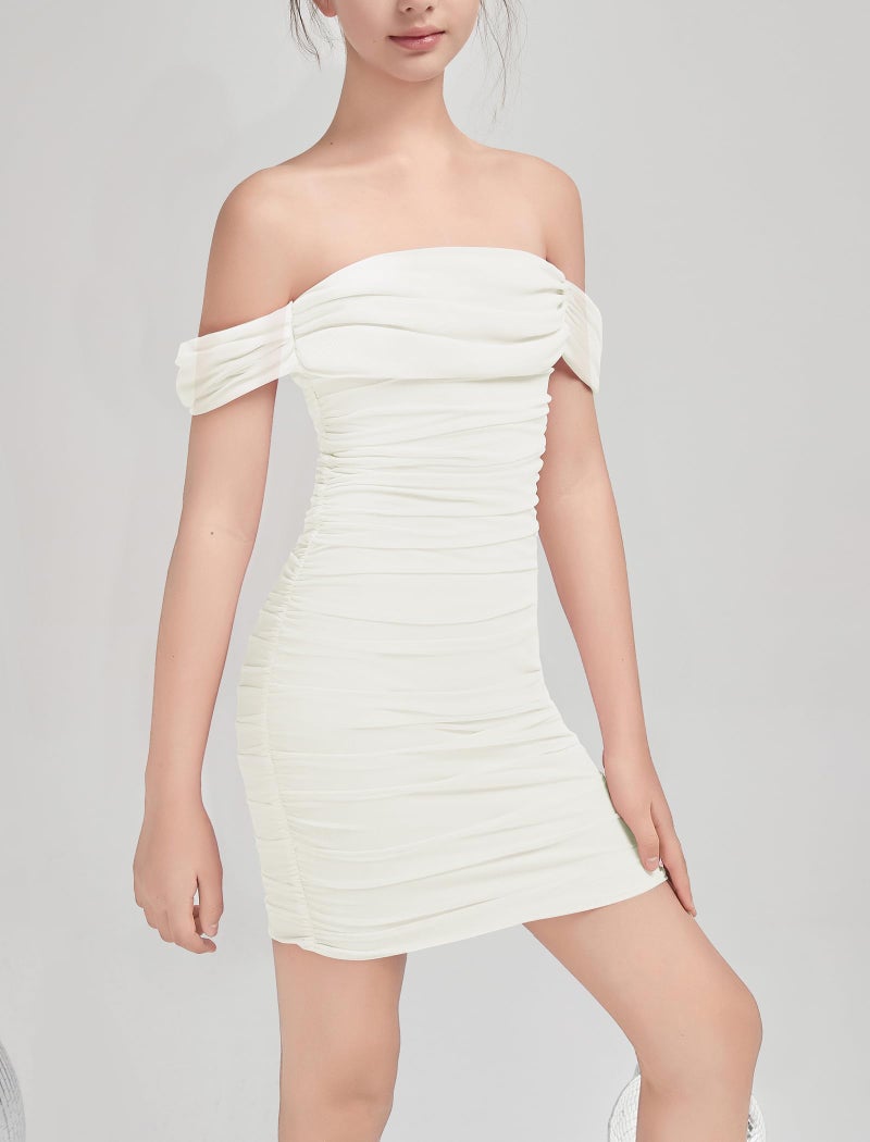 EXARUS Girls Bodycon Dresses Draped Off The Shoulder Mini Tight Ruched Sleeveless Dress Pencil Formal Party Dance Special Occasion Winter Prom Birthday White 14Y - Image 2