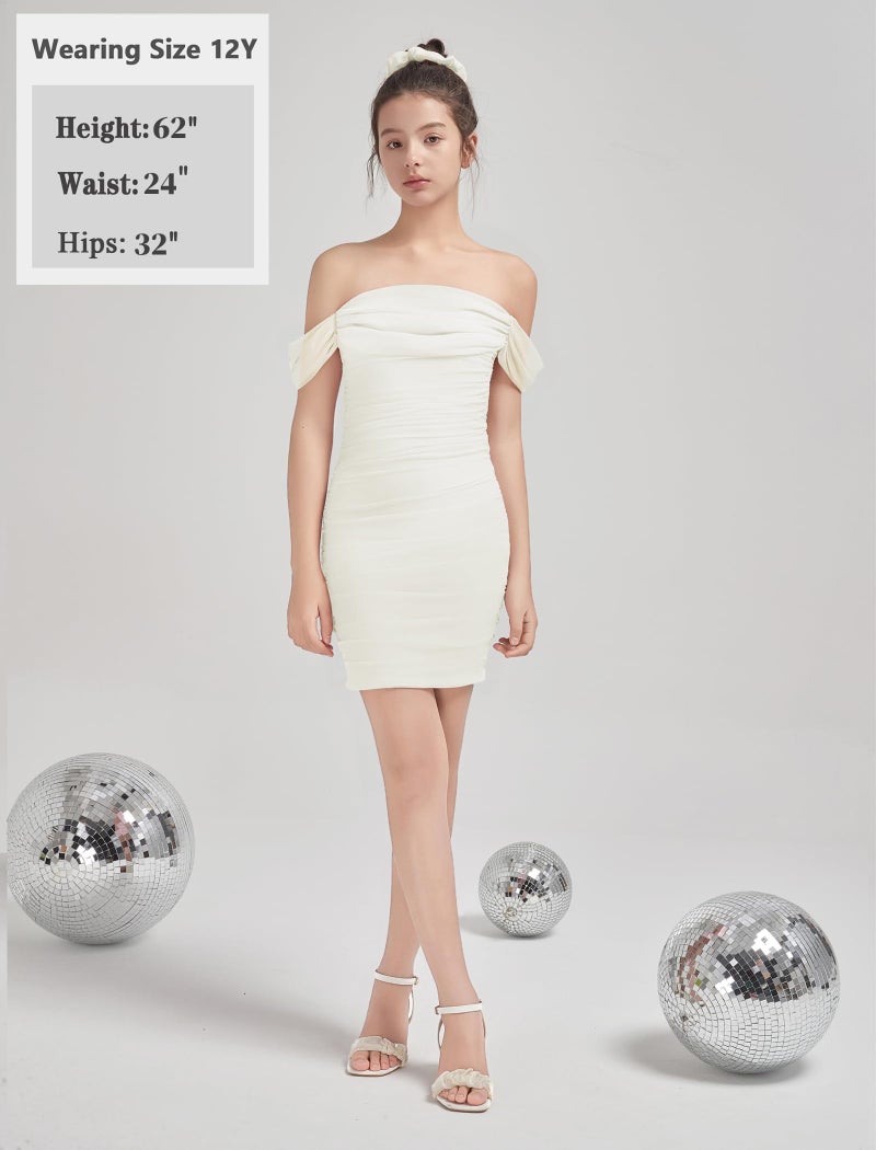 EXARUS Girls Bodycon Dresses Draped Off The Shoulder Mini Tight Ruched Sleeveless Dress Pencil Formal Party Dance Special Occasion Winter Prom Birthday White 14Y - Image 5