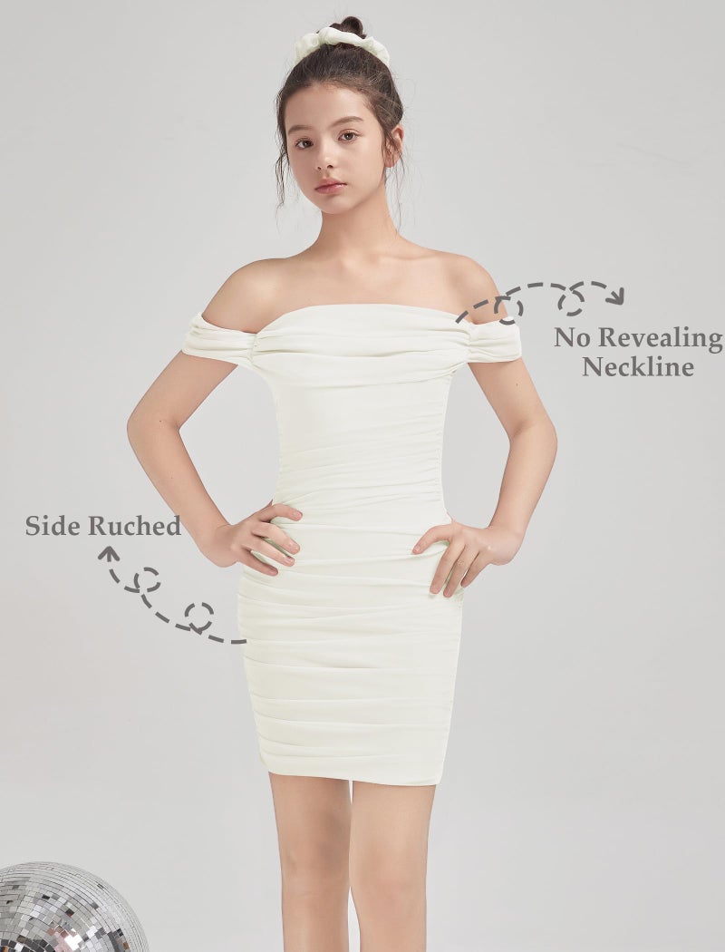EXARUS Girls Bodycon Dresses Draped Off The Shoulder Mini Tight Ruched Sleeveless Dress Pencil Formal Party Dance Special Occasion Winter Prom Birthday White 14Y - Image 4