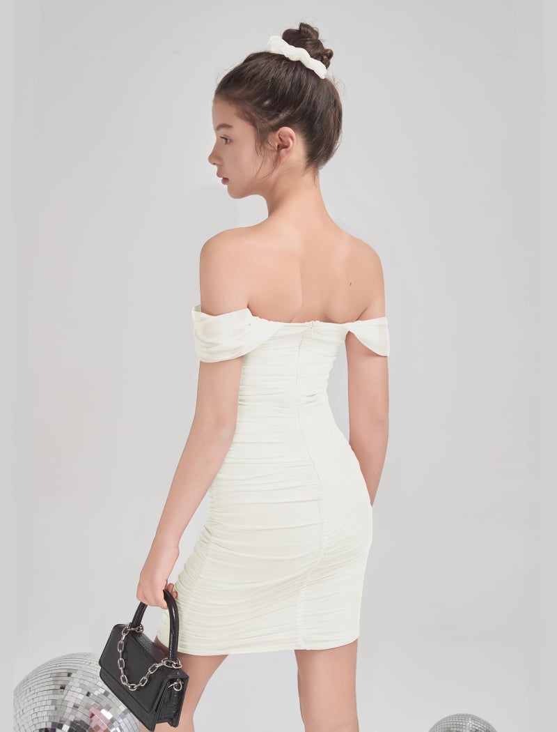 EXARUS Girls Bodycon Dresses Draped Off The Shoulder Mini Tight Ruched Sleeveless Dress Pencil Formal Party Dance Special Occasion Winter Prom Birthday White 14Y - Image 3