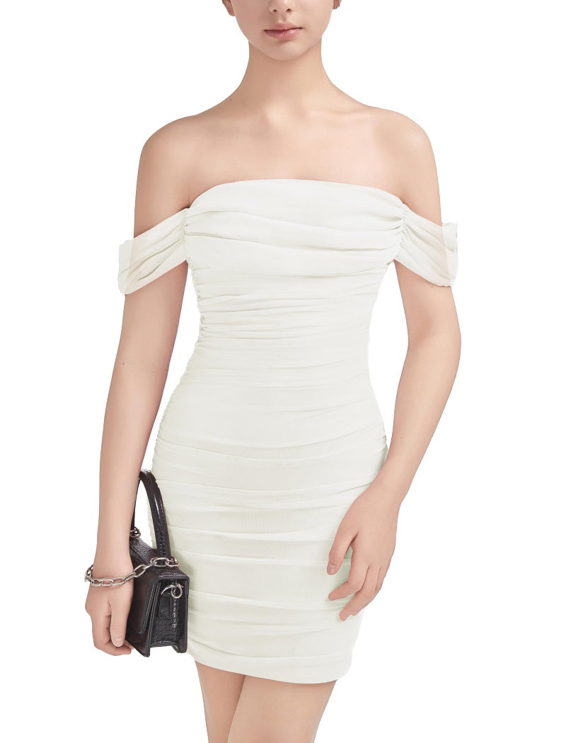 EXARUS Girls Bodycon Dresses Draped Off The Shoulder Mini Tight Ruched Sleeveless Dress Pencil Formal Party Dance Special Occasion Winter Prom Birthday White 14Y - Image 1