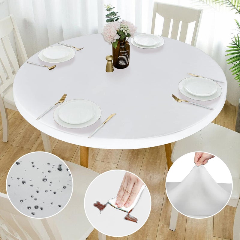Rinpon Double Fitted Design PU Round Fitted Tablecloth AntiTear Wipeable Elastic Round Tablecloth SoftTouch Fitted Table Cloth Waterproof OilProof Table Cover White 4548 Round