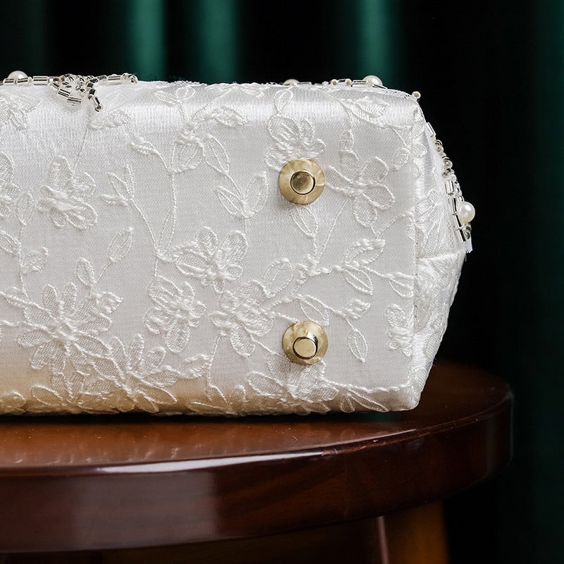 Pearl Embroidered Bamboo Handbag Antique Cheongsam Banquet Clutch Chain Bag Metal Lock Embroidered Bead Bag - Image 4