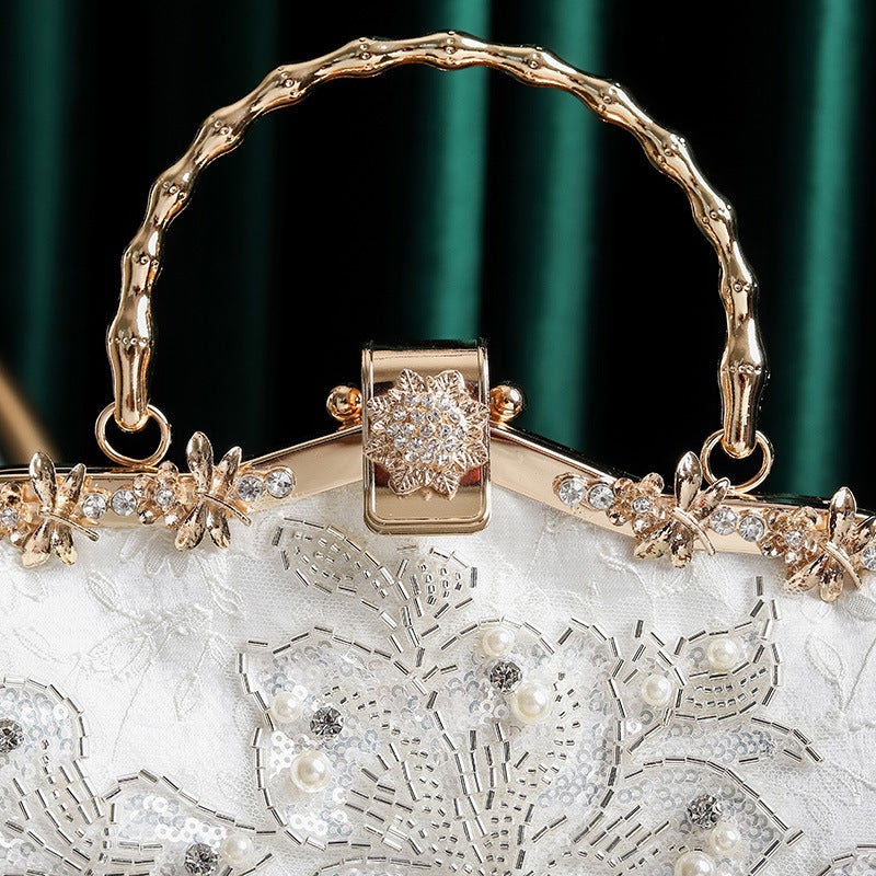 Pearl Embroidered Bamboo Handbag Antique Cheongsam Banquet Clutch Chain Bag Metal Lock Embroidered Bead Bag - Image 3