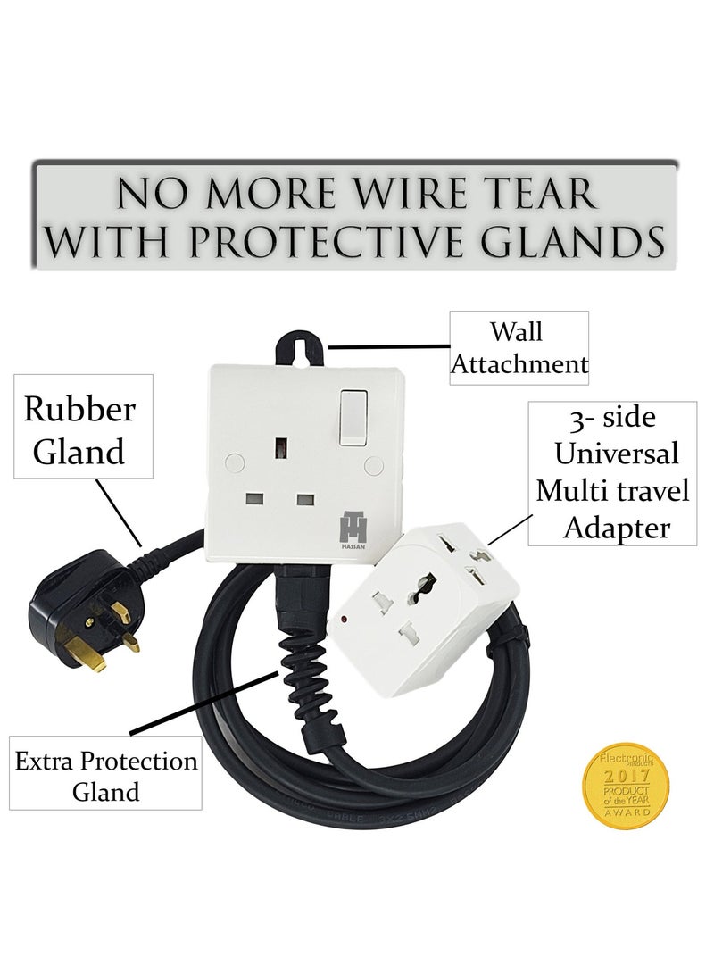 Hassan Universal Socket Extension Cord with 3-Point Multi-Travel Adapter Included Perfect for Home, Office, or Outdoors - Image 3