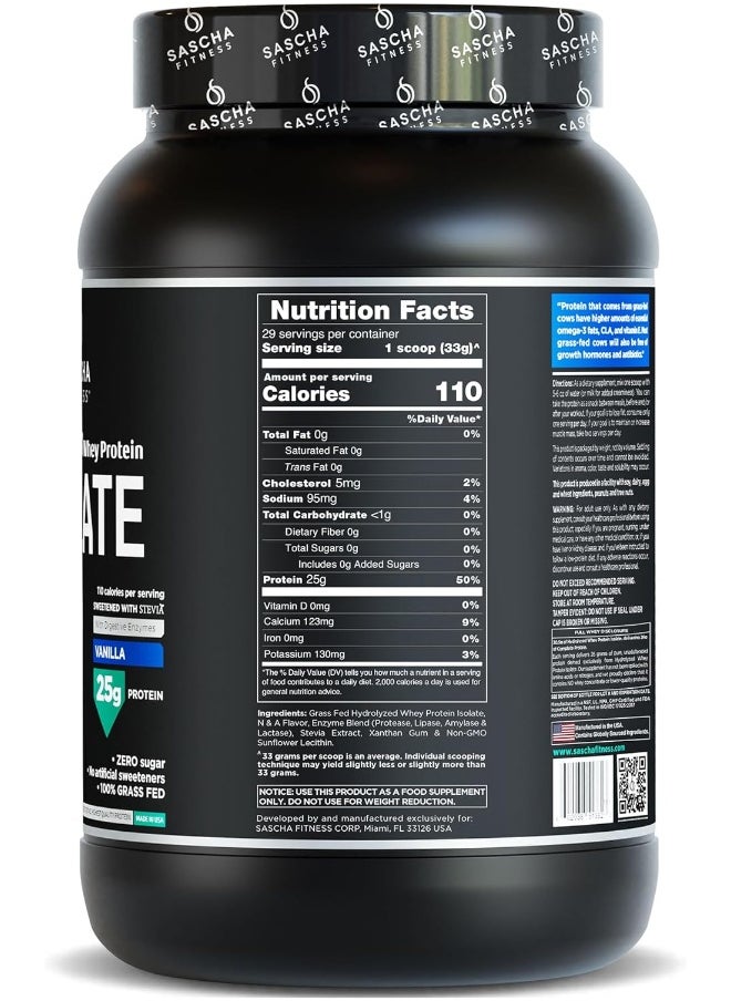 SASCHA FITNESS Hydrolyzed Whey Protein Isolate, 100% Grass-Fed (2 Pounds, Vanilla)  - Image 2