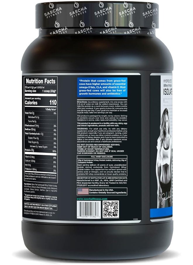 SASCHA FITNESS Hydrolyzed Whey Protein Isolate, 100% Grass-Fed (2 Pounds, Vanilla)  - Image 4