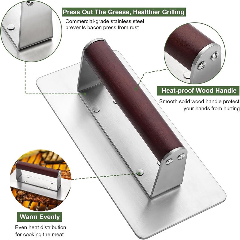 EWFEN Stainless Steel Burger Press, 8.5" Round & 9 * 4.2" Rectangle Heavy-Duty Smash Bacon Press Meat Steak with Wood Handle for Griddle, Sandwich, Nonstick Pan Cross product compatible - Image 3