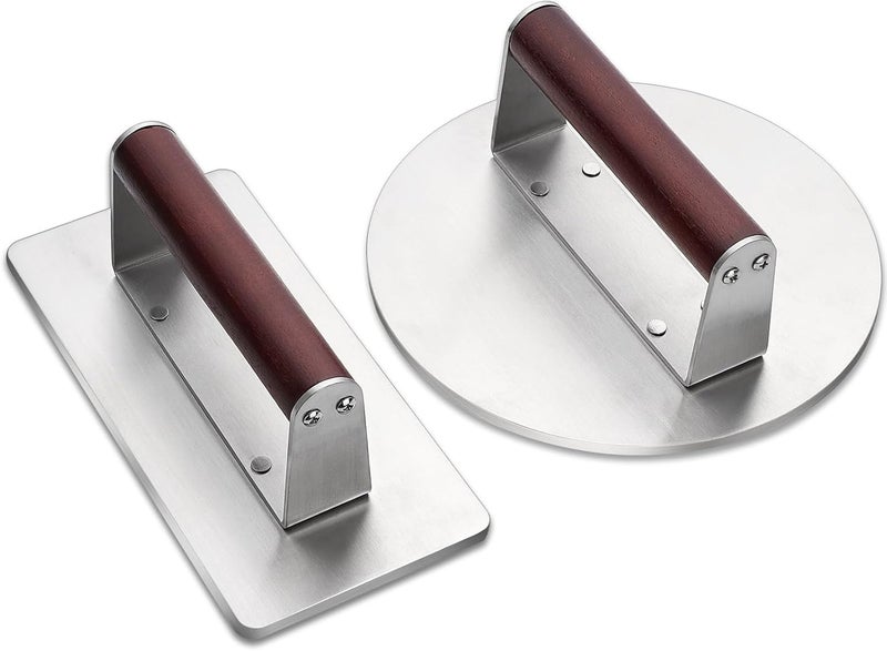 EWFEN Stainless Steel Burger Press, 8.5" Round & 9 * 4.2" Rectangle Heavy-Duty Smash Bacon Press Meat Steak with Wood Handle for Griddle, Sandwich, Nonstick Pan Cross product compatible - Image 1