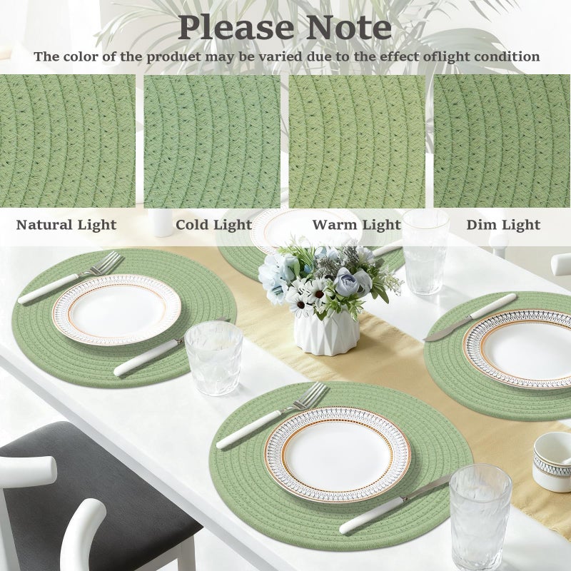 Jukercici Round Placemats Set of 6, Cotton Rope Woven Table Mats, Hot Pads for Kitchen, Non Slip Heat Resistant Place Mats, 13 Inches Braided Placemat for Farmhouse Decor and Kitchen Table Decor (Green) - Image 4