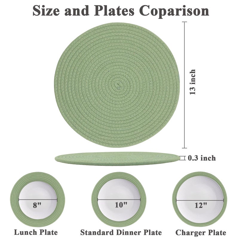 Jukercici Round Placemats Set of 6, Cotton Rope Woven Table Mats, Hot Pads for Kitchen, Non Slip Heat Resistant Place Mats, 13 Inches Braided Placemat for Farmhouse Decor and Kitchen Table Decor (Green) - Image 2