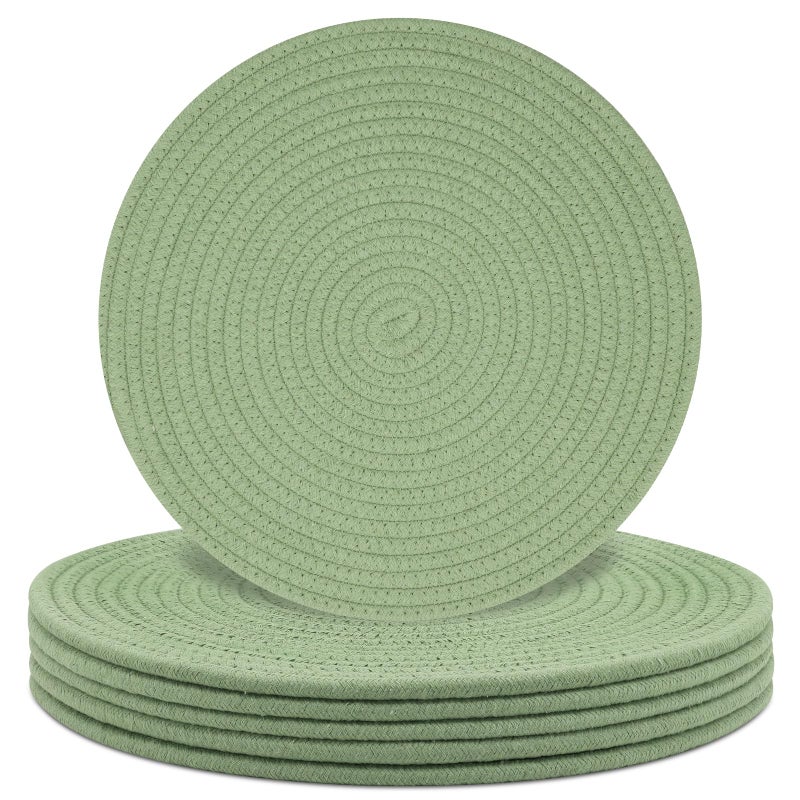 Jukercici Round Placemats Set of 6, Cotton Rope Woven Table Mats, Hot Pads for Kitchen, Non Slip Heat Resistant Place Mats, 13 Inches Braided Placemat for Farmhouse Decor and Kitchen Table Decor (Green) - Image 1