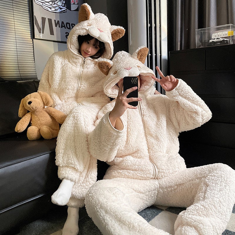 Couple Pajamas Women'S Cute Cartoon Bear Nightgown Coral Fleece Fleece-Lined Thickened Warm Hooded Home Clothes Suit For Men - Image 2
