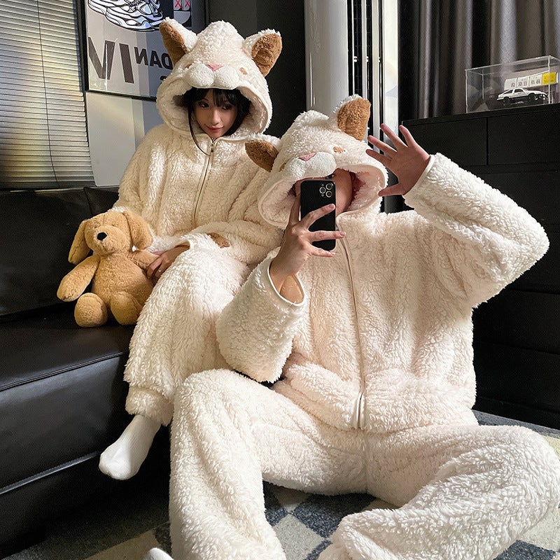 Couple Pajamas Women'S Cute Cartoon Bear Nightgown Coral Fleece Fleece-Lined Thickened Warm Hooded Home Clothes Suit For Men - Image 3