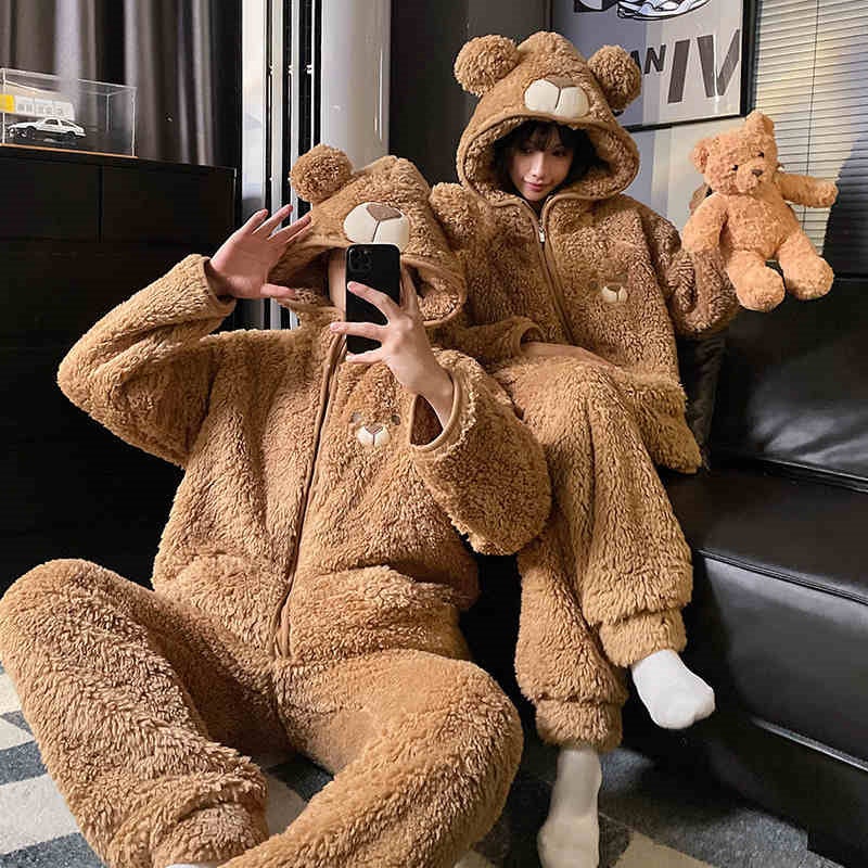 Couple Pajamas Women'S Cute Cartoon Bear Nightgown Coral Fleece Fleece-Lined Thickened Warm Hooded Home Clothes Suit For Men - Image 1