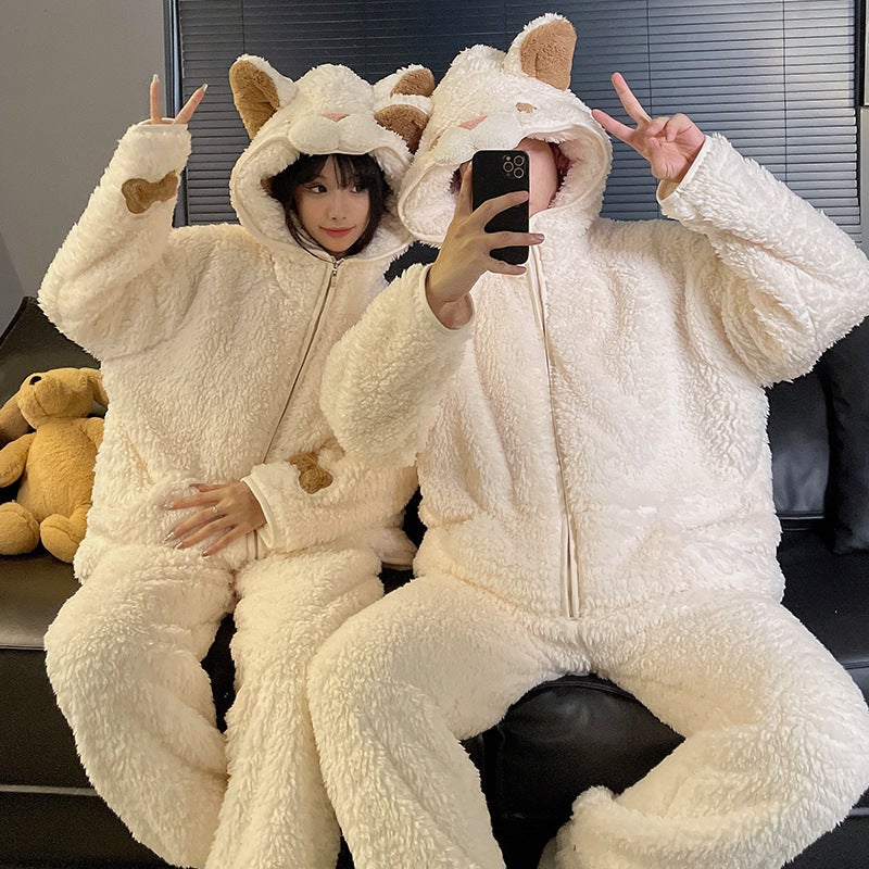 Couple Pajamas Women'S Cute Cartoon Bear Nightgown Coral Fleece Fleece-Lined Thickened Warm Hooded Home Clothes Suit For Men - Image 4