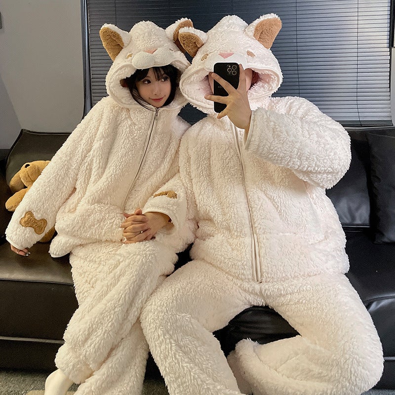 Couple Pajamas Women'S Cute Cartoon Bear Nightgown Coral Fleece Fleece-Lined Thickened Warm Hooded Home Clothes Suit For Men - Image 5