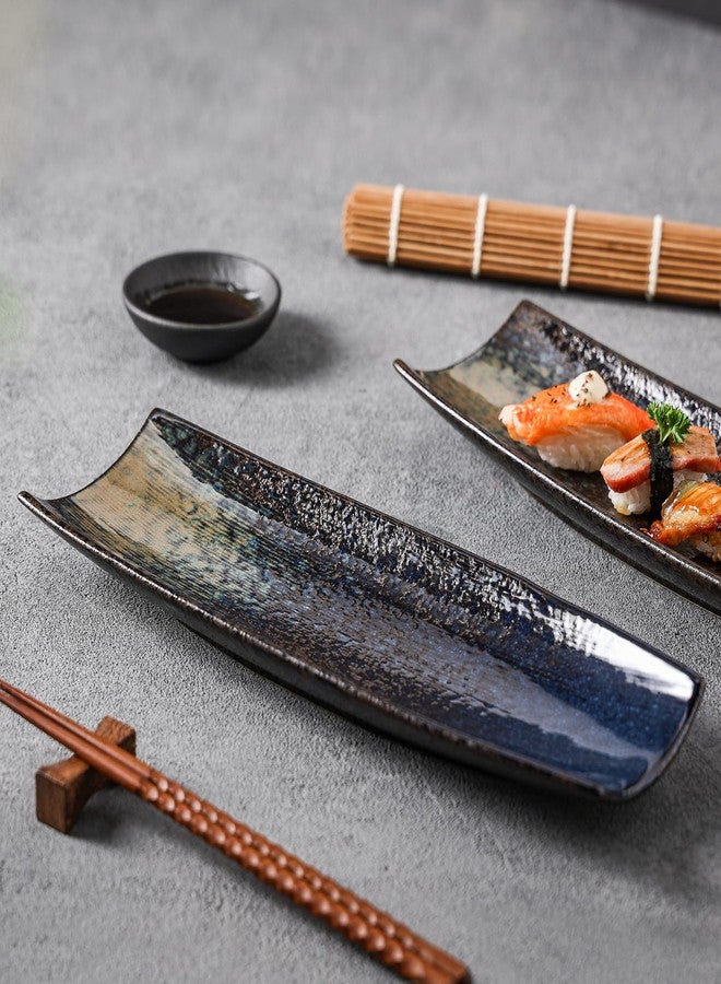 Uaral Sushi Plates,12.5 Inches Teppanyaki Plate Sashimi Plates,Ceramic Long Serving Tray for Dinner,Parties,Appetizer,Set of 2(Nebula Blue) - Image 2