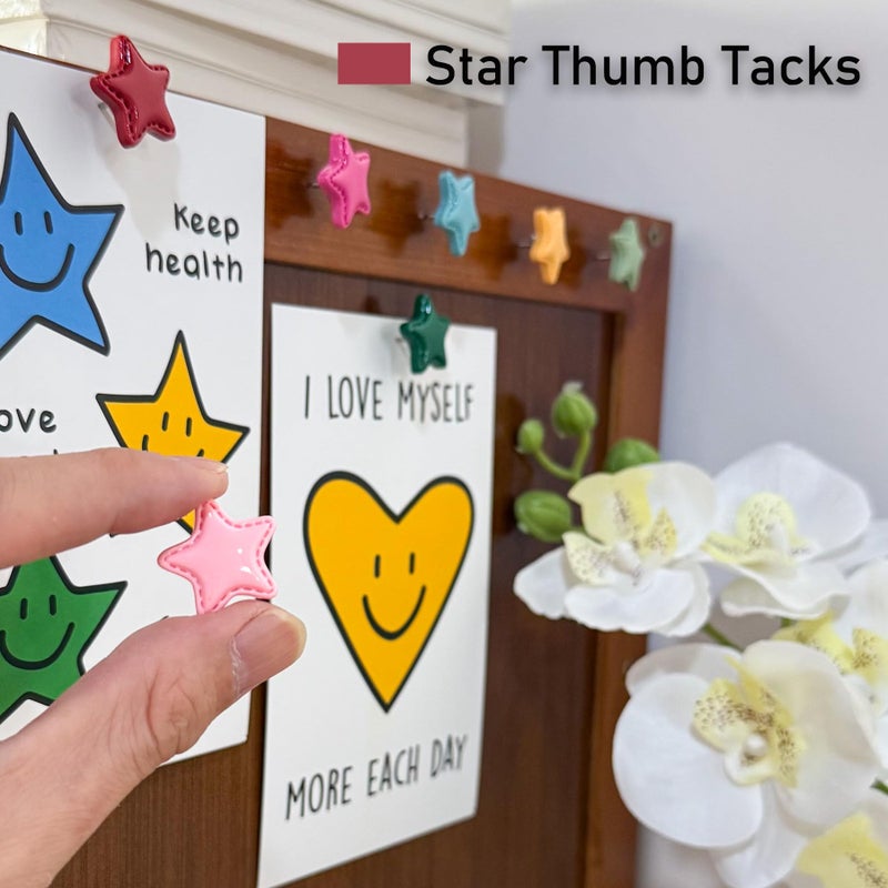KEYDUACU Decorative Thumb Tacks, Push Pins for Wall and Tacks for Bulletin Board,24Pcs Star-Shaped Thumbtacks, Ideal Desk Accessories for Office, Home and School (Colorful Star) - Image 4
