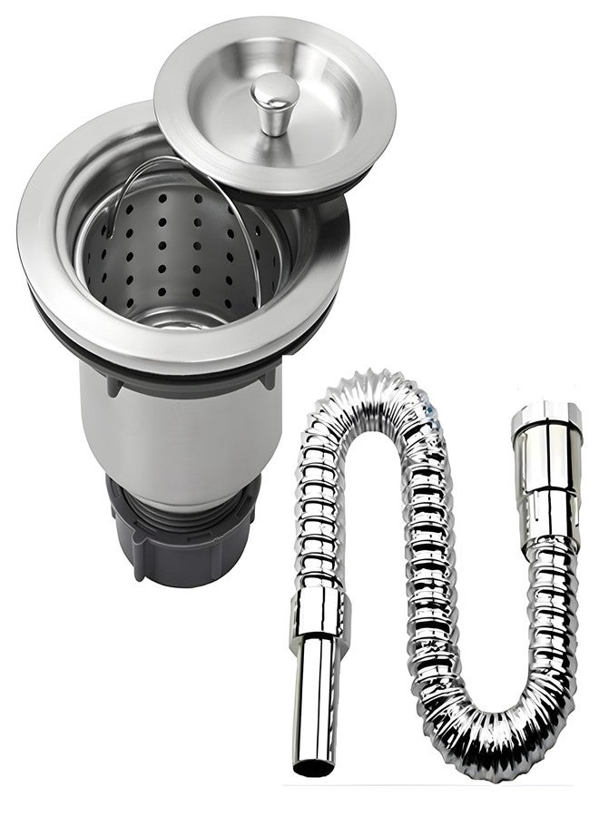 Metwin Stainless Steel Kitchen Sink Strainer with Lid | Removable Waste Basket | Anti-Clog Drain Filter Fits Standard Kitchen Sinks (4 Inch) PVC Flexible Waste Pipe with Chrome Finish (30 Inch) - Image 1