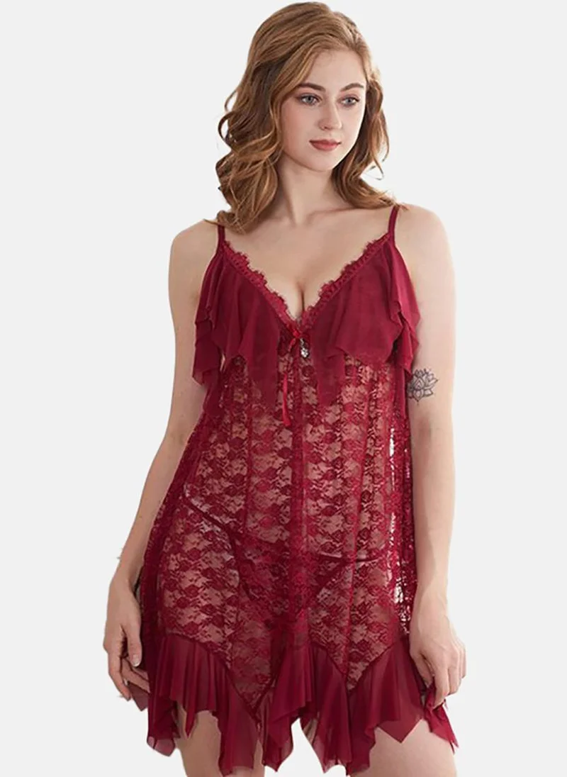 YUNIQEE Maroon Solid Babydoll with Briefs