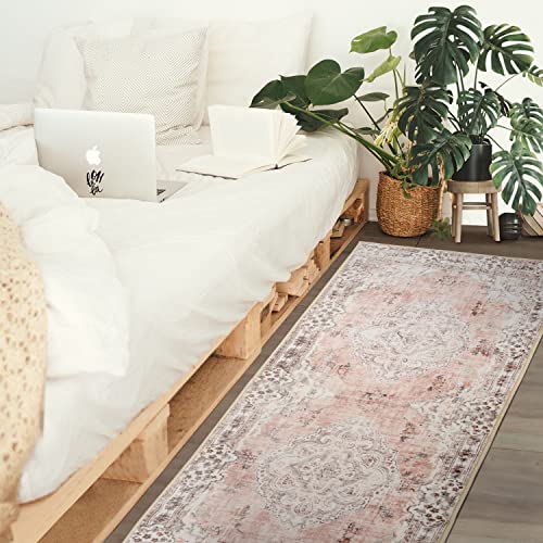 MUJOO Non Slip Boho Pink Runner Rug, Machine Washable for Hallways Entryway Kitchen Bathroom Bedside Retro Soft Low-Pile 2'x6' Blossom - Image 2