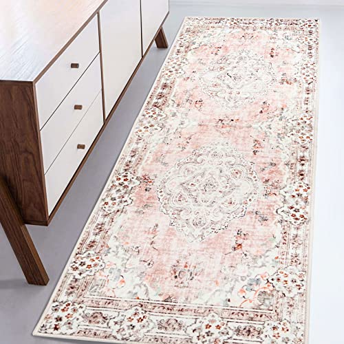 MUJOO Non Slip Boho Pink Runner Rug, Machine Washable for Hallways Entryway Kitchen Bathroom Bedside Retro Soft Low-Pile 2'x6' Blossom - Image 1