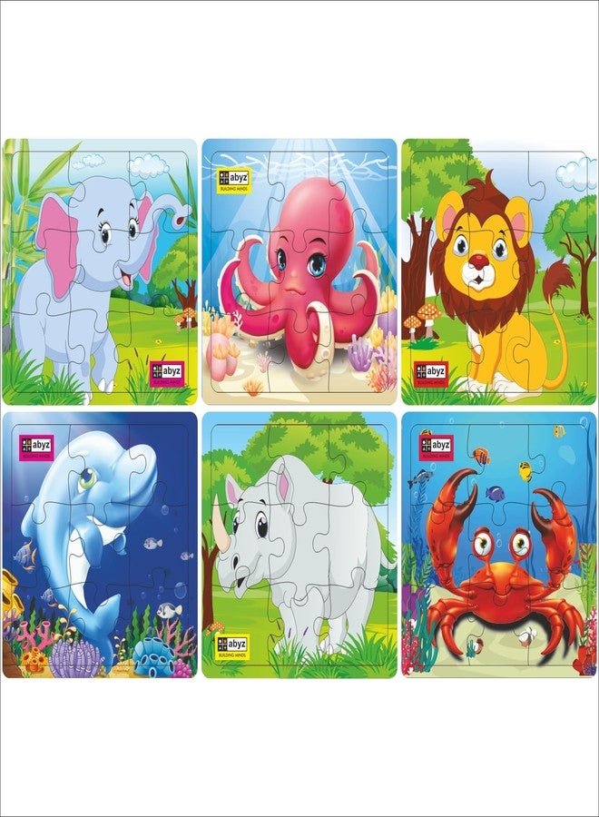 ABYZ Wooden Jigsaw Animal and Under Water Animal (Lion+Elephant+Rhinoceros+Crab+Octopus+Dolphin) Puzzle with 9-Pieces Games for Kids & Children Paperless Puzzle (Set of 6) Age 3+ - Image 1