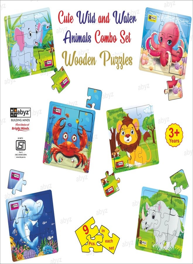 ABYZ Wooden Jigsaw Animal and Under Water Animal (Lion+Elephant+Rhinoceros+Crab+Octopus+Dolphin) Puzzle with 9-Pieces Games for Kids & Children Paperless Puzzle (Set of 6) Age 3+ - Image 4